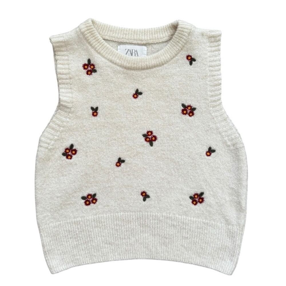 Zara Girls Cream Sweater Tank with Floral Embroidery - Size 10